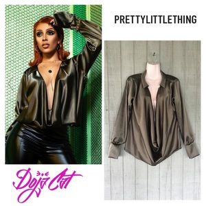 Khaki Extreme Cowl Longline Satin Shirt